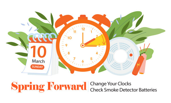 Daylight saving time begins 10 march 2024 banner. Spring Forward time. Banner reminder with info about changing time and batteries, smoke alarm. Clock forward one hour. USA and Canada