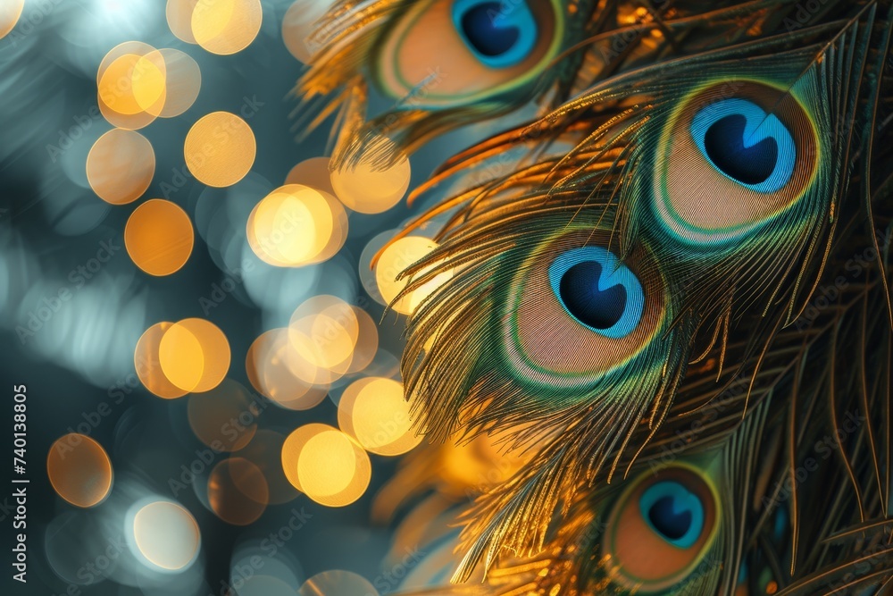 Poster a stunning close-up shot capturing the intricate details of a peacocks colorful feathers, set agains