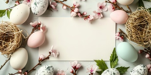 Greeting card mockup with branch of flowers, top view, flat lay. ai generated