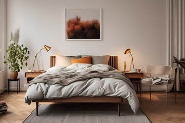 Cozy mid-century Copenhagen bedroom featuring a retro bed frame, soft lighting, and carefully chosen decor elements
