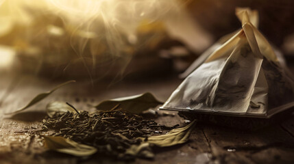 Herbal tea bags and loose leaves form an artful composition, evoking a sense of tranquility - obrazy, fototapety, plakaty