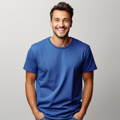 Smiling men wearing blue T-Shirt Mockup on black studio background