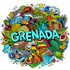 Vector funny doodle illustration with Grenada theme. Vibrant and eye-catching design, capturing the essence of North America culture and traditions through playful cartoon symbols