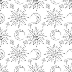 Seamless mystic pattern of crescent and sun with eye. Hand drawn line art on esoteric topic. Magic vector pattern wrapping paper on white background