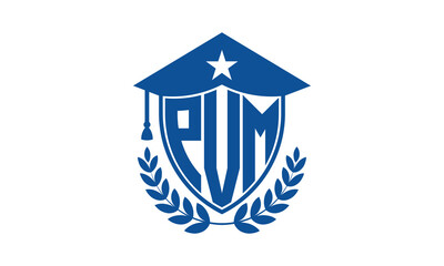 PVM three letter iconic academic logo design vector template. monogram, abstract, school, college, university, graduation cap symbol logo, shield, model, institute, educational, coaching canter, tech