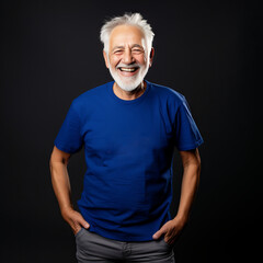 Smiling old men wearing blue T-Shirt Mockup on black studio background