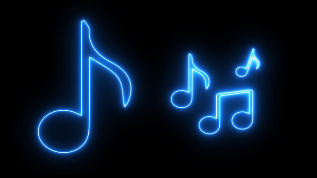 Glowing neon effect music icon. Music notes icon. Musical key signs illustration. Neon music note icon. Glowing neon Music note icons set. Isolated music notes symbols on black background.