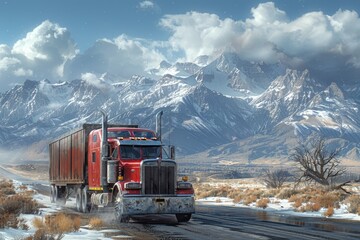 Red Semi Truck Driving Through Snowy Mountain Pass in Winter