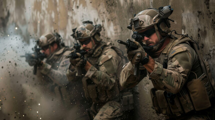 Fototapeta premium A squad of highly trained special forces soldiers in full tactical gear carefully advancing through an urban environment, prepared for engagement.