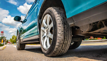 Closeup of the cars suspension system highlighting its ability to absorb ps and maintain a smooth ride on city streets.