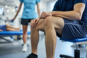 Physiotherapist helps patient with leg exercises. Fitness therapy room - Powered by Adobe