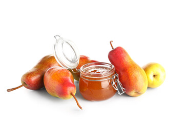 Glass jar of tasty pear jam on white background