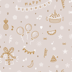 Birthday Vector Background. Seamless Pattern with Hand Drawn Doodle Cake, Fruits, Bunting Flag, Balloons, Gift Box, Stars, Musical Notes and Confetti.