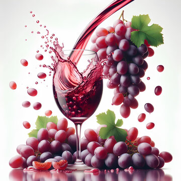 whole grapes falling into a glass of grape juice beautiful splash of juice isolated on white background