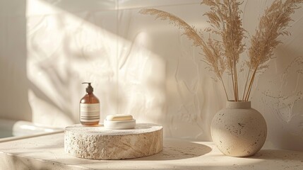 Set of natural cosmetic products on white table in sunlight. Beauty and spa concept