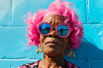 looking at camera, fashion editorial, elder Black woman, pink hair, bright, big sunglasses, portrait