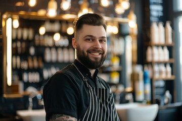 Fototapeta premium A smiling hairdresser in an apron stands against the background of the salon