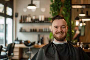 Obraz premium A smiling and satisfied customer in a barbershop on the background of an interior with mirrors and accessories