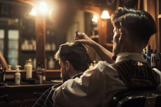 Barber neatly cuts the client's hair in a stylish barbershop