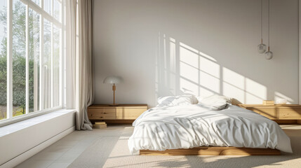 Minimalistic bedroom interior with a bed and natural light coming through a large window