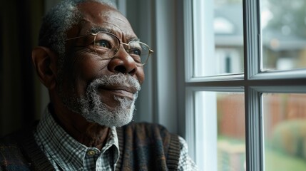 rofessional photo of a smiling elderly black man looking out a double glazed modern window, white walls - obrazy, fototapety, plakaty