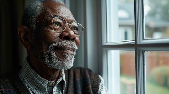 Rofessional Photo Of A Smiling Elderly Black Man Looking Out A Double Glazed Modern Window, White Walls