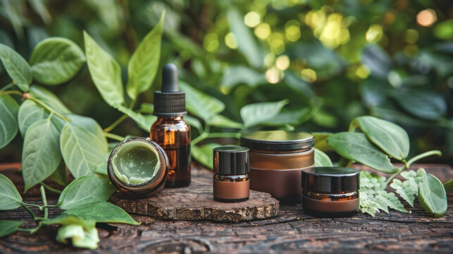 Natural beard care products: oil and balm in containers against a background of greenery, emphasizing the organic nature of the products