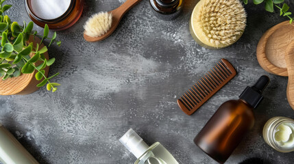 Fototapeta na wymiar A set of beard care products on a gray stone background includes oil in a bottle with a dispenser, a comb, brushes and cream in jars