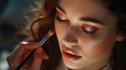Obraz premium A makeup artist carefully applies eyeshadow to a model, highlighting her delicate features.