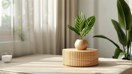 Wooden stand with green plant on table in room