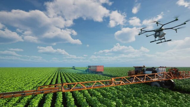 Autonomous agriculture vehicle and drone self driving, 5G technolohy with smart farming concept