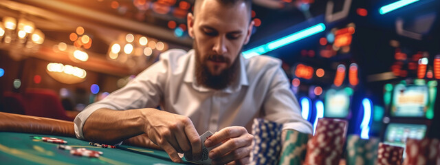 a man plays poker in a casino - obrazy, fototapety, plakaty