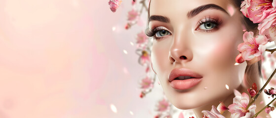 Close-up portrait of a glamorous woman with pink flowers, showcasing her flawless makeup and radiant skin - obrazy, fototapety, plakaty