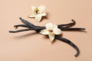 Fototapeten Aromatic vanilla sticks and flowers on brown background © Pixel-Shot