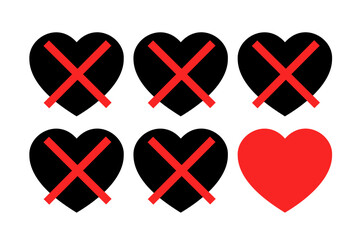 Love life and dating - serial monogamy, promiscuity and history of series of breakups, divorces, failures and failed love relationships. Vector illustration isolated on white.
