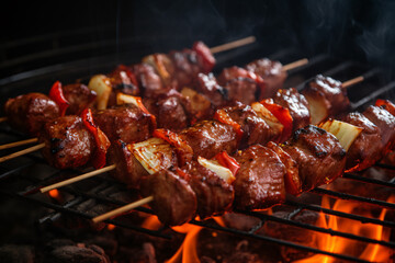 Grilled shashlik with meat and vegetables on barbecue