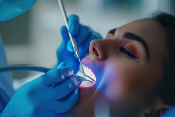 A woman receiving a dental check-up from a dentist, showing the inside view of her mouth.