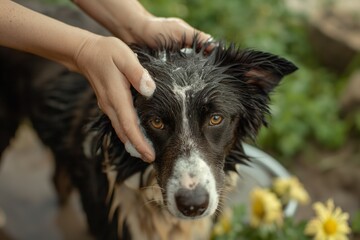 A persons hand lathers shampoo onto a border collie dog during bath time.