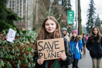 A teenage girl holds a sign that reads SAVE THE PLANET in this image.