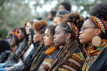 A group of women sitting closely next to each other, engaged in conversation or an activity.