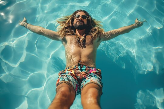 A photo of a hipster guy with long hair and sunglasses floating in a pool, extending his arms outwards.