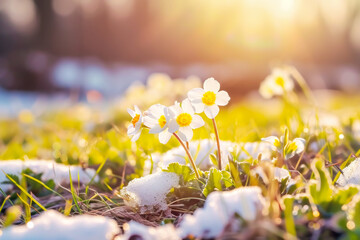View of white spring flowers in snowy park. New fresh primroses blossom in beautiful evening with sunset sunlight. Wildflowers in the nature. Copy space - obrazy, fototapety, plakaty
