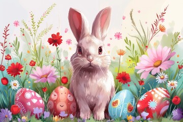 easter bunny and eggs in watercolor style. ai generated