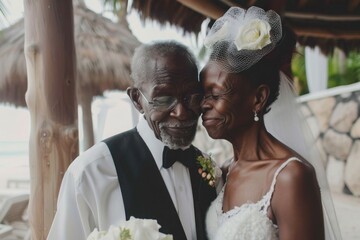 This photograph captures the deep bond of a Afro-American mature couple as they exchange wedding vows, a testament to enduring love and life celebration..