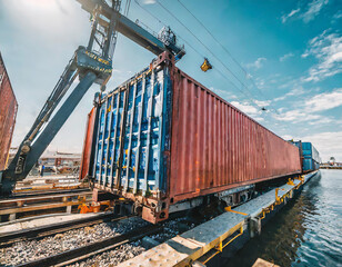 Obraz premium A closeup of a container being lifted from a ship onto a waiting train showcasing the seamless transfer between water and rail transport in intermodal systems