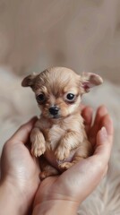 a mini puppy nestled in the palm of your hand, showcasing the tiny creature's endearing features and delicate size in a heartwarming close-up.