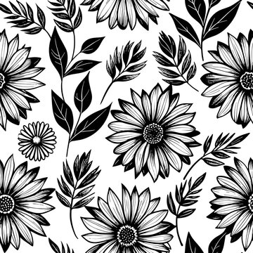 Seamless black and white pattern with flowers