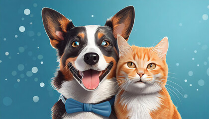 Banner with pets. Dog and cat smiling with happy expression and closed eyes. Isolated on blue colored background