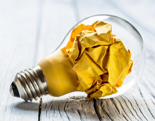 Crumpled paper in a light bulb as idea concept isolated on white background