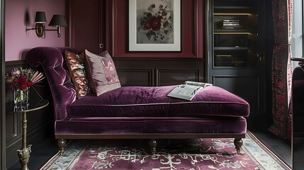 a guest room with a velvet chaise lounge in deep plum, offering a luxurious spot for relaxation